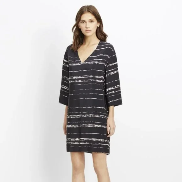 vince striped silk dress Vince | Dresses | Vince Shadow Stripe Silk Dress Shift Vneck 34 Sleeve Sz  Xs
